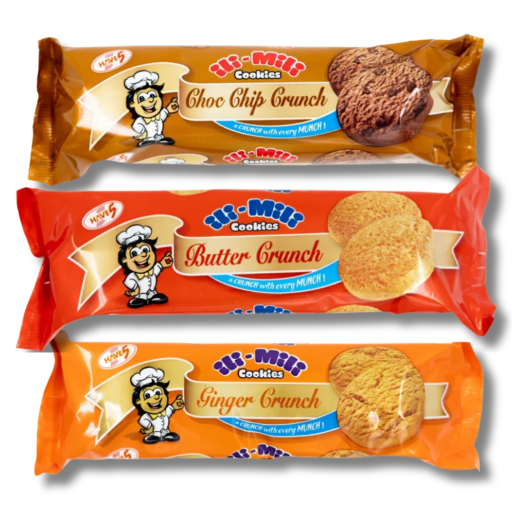 ili-Mili Crunch cookies 125g packs in Choc Chip, Butter and Ginger