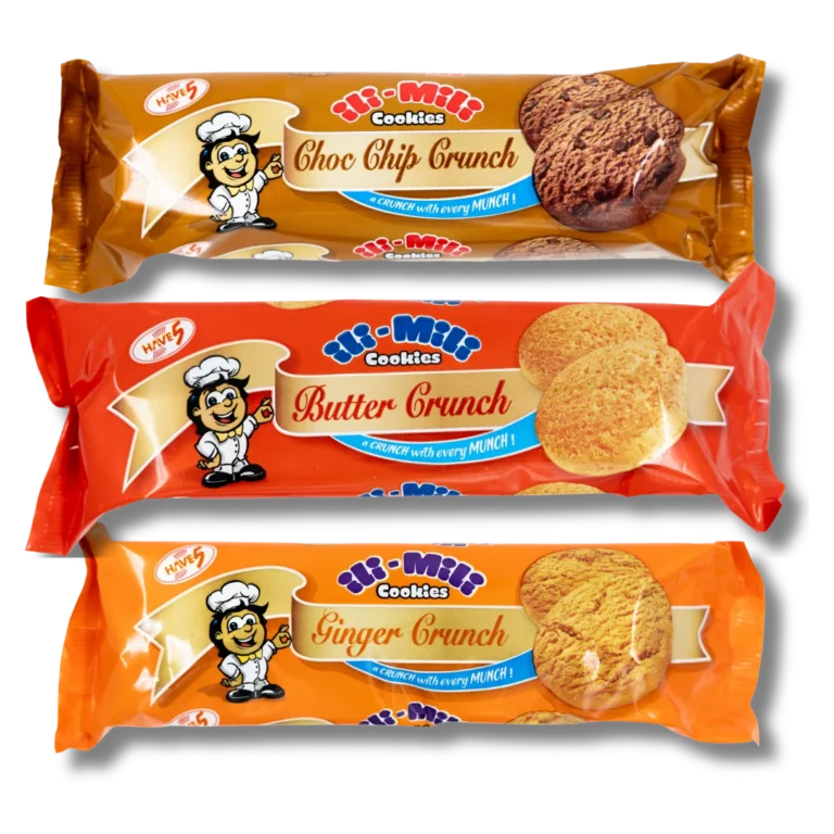 ili-Mili Crunch cookies 125g packs in Choc Chip, Butter and Ginger